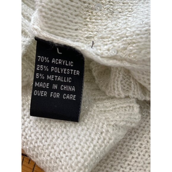 AGB Sweater Size Large Round Neck Long Sleeve Sequin Knit Metallic Ivory Silver - Picture 4 of 6